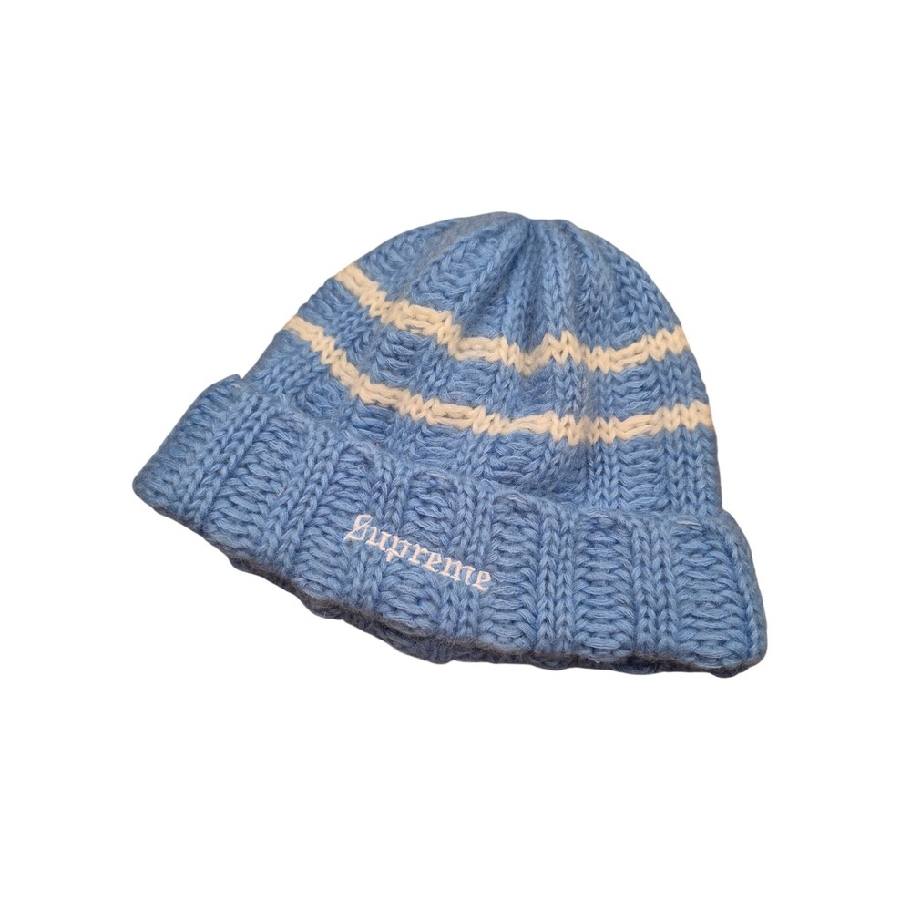 Supreme Mohair Blend Striped Beanie Light Blue White Old English Logo Hat FW24